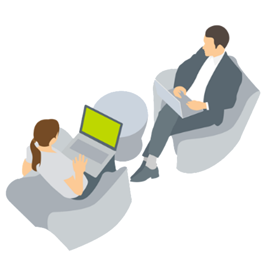 Duas pessoas sentadas, juntas, em video-conferência