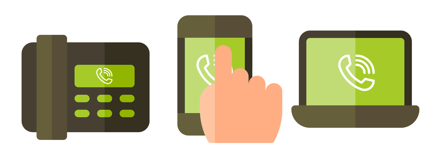 Telefone, celular e laptop com ícone de um telefone tocando